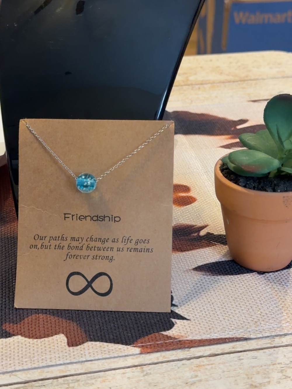 Silver Friendship Necklace with Turquoise Glass Pendant 18” chain